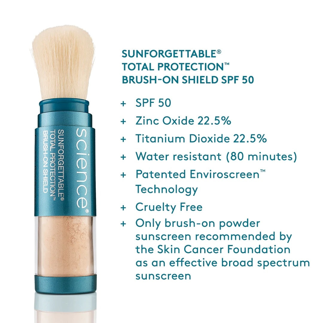 Infographic highlighting benefits of Colorescience Brush-On Shield SPF 50